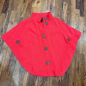 Pure Handknit Poncho Sweater Wood Buttons M/L Boho Cotton Chunky Knit Orange